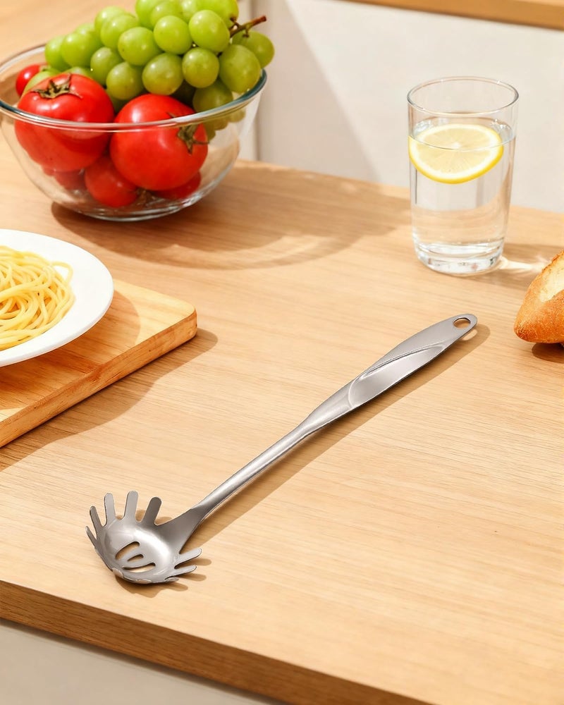 Nryul Spaghetti Spoon and Pasta Tong with Grip Teeth and Drain Holes, 2-Piece Large Spaghetti Utensil, Comfortable Grip Design for Cooking, Serving, Salad and Noodles, Stainless Steel - Image 5