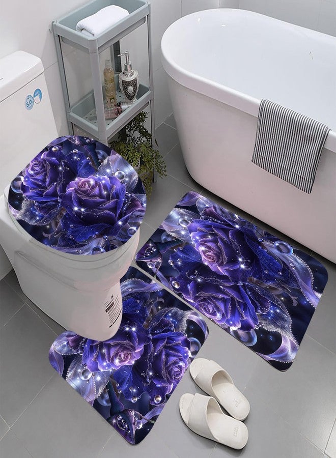 Yddsky 4 PCS Purple Rose Shower Curtain Sets,Black Bathroom Set with Modern Bathroom Curtains Shower Set with Toilet Lid Cover for Women Bathroom Decor Accessories - Image 3