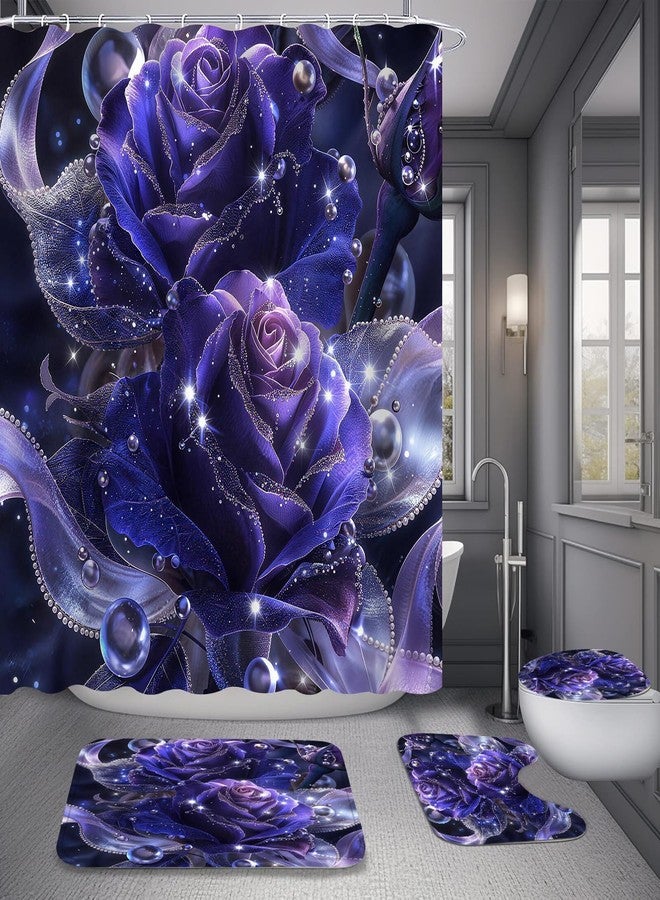 Yddsky 4 PCS Purple Rose Shower Curtain Sets,Black Bathroom Set with Modern Bathroom Curtains Shower Set with Toilet Lid Cover for Women Bathroom Decor Accessories - Image 2