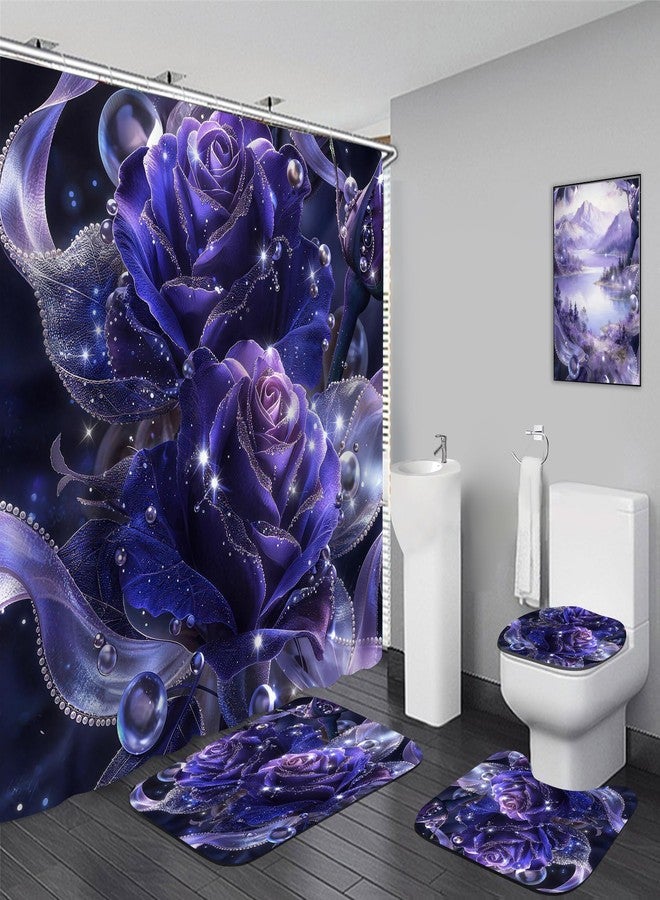 Yddsky 4 PCS Purple Rose Shower Curtain Sets,Black Bathroom Set with Modern Bathroom Curtains Shower Set with Toilet Lid Cover for Women Bathroom Decor Accessories - Image 1