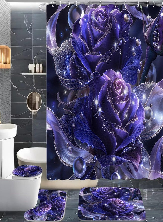 Yddsky 4 PCS Purple Rose Shower Curtain Sets,Black Bathroom Set with Modern Bathroom Curtains Shower Set with Toilet Lid Cover for Women Bathroom Decor Accessories - Image 5