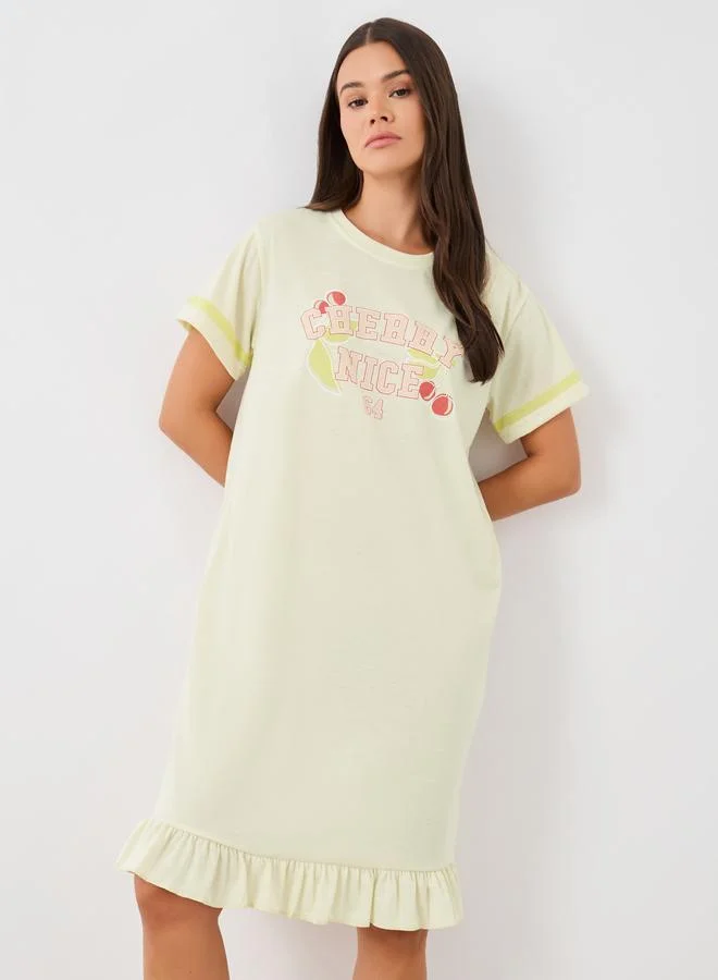 Styli Styli Slogan Print Ruffled Hem Nightdress