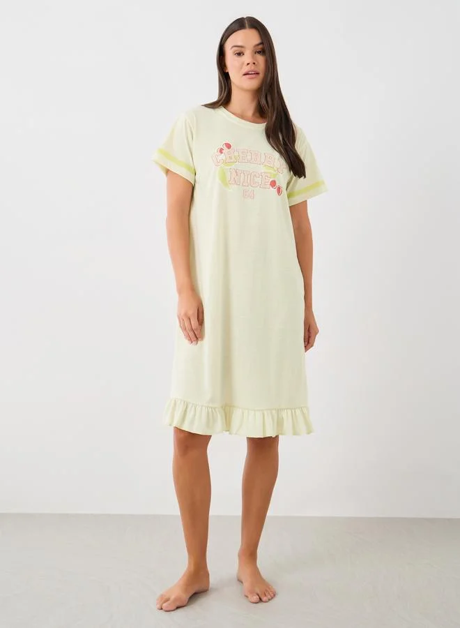 Styli Styli Slogan Print Ruffled Hem Nightdress