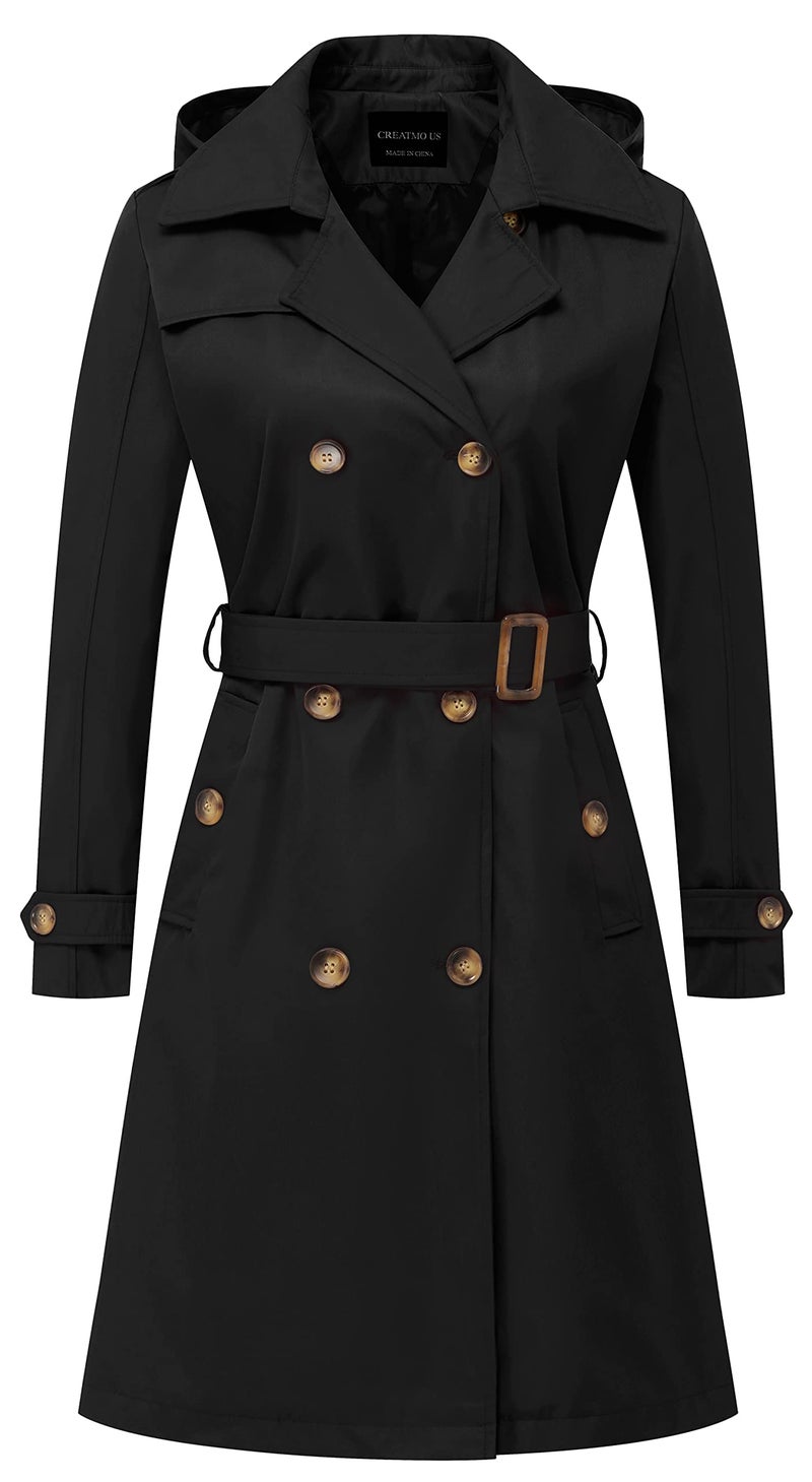 CREATMO US Long Trench Coats for Women Waterproof Double-Breasted Classic Lapel Overcoat Slim Outerwear Coat with Belt Black XS - Image 1