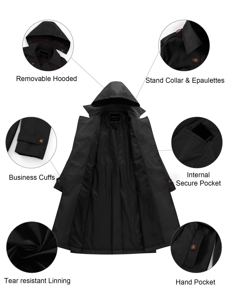 CREATMO US Long Trench Coats for Women Waterproof Double-Breasted Classic Lapel Overcoat Slim Outerwear Coat with Belt Black XS - Image 5
