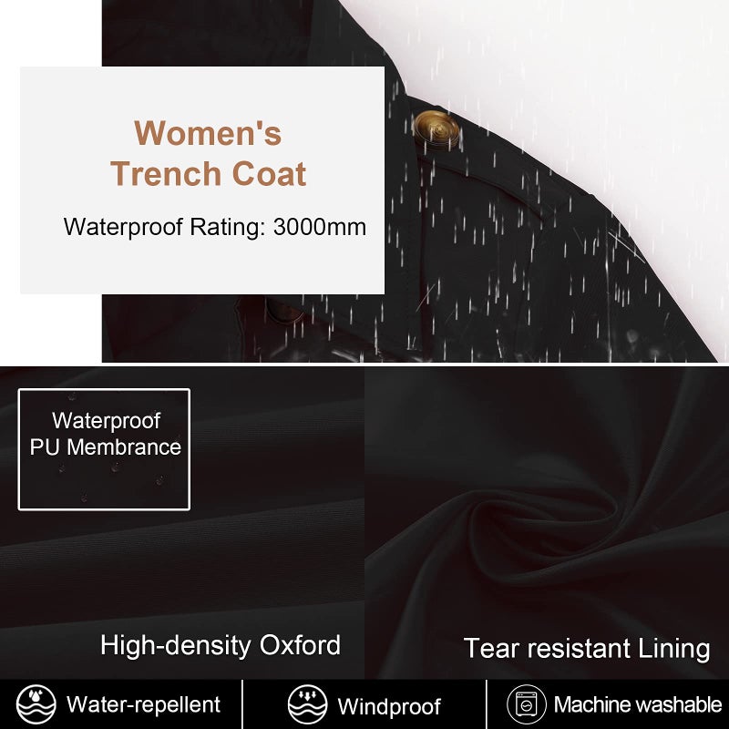 CREATMO US Long Trench Coats for Women Waterproof Double-Breasted Classic Lapel Overcoat Slim Outerwear Coat with Belt Black XS - Image 4
