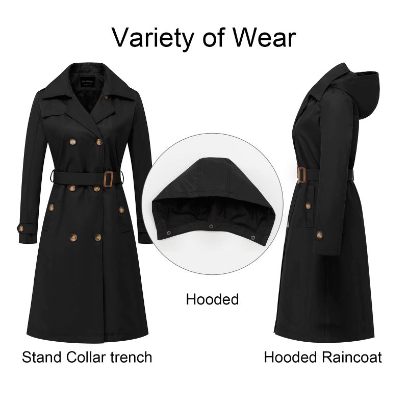CREATMO US Long Trench Coats for Women Waterproof Double-Breasted Classic Lapel Overcoat Slim Outerwear Coat with Belt Black XS - Image 3