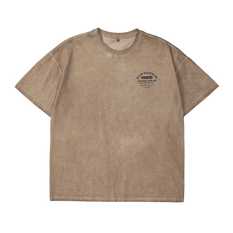 T3721 | Plus size men''s summer new 280g heavy cotton round neck T-shirt men''s loose fried color distressed short sleeve - Image 1
