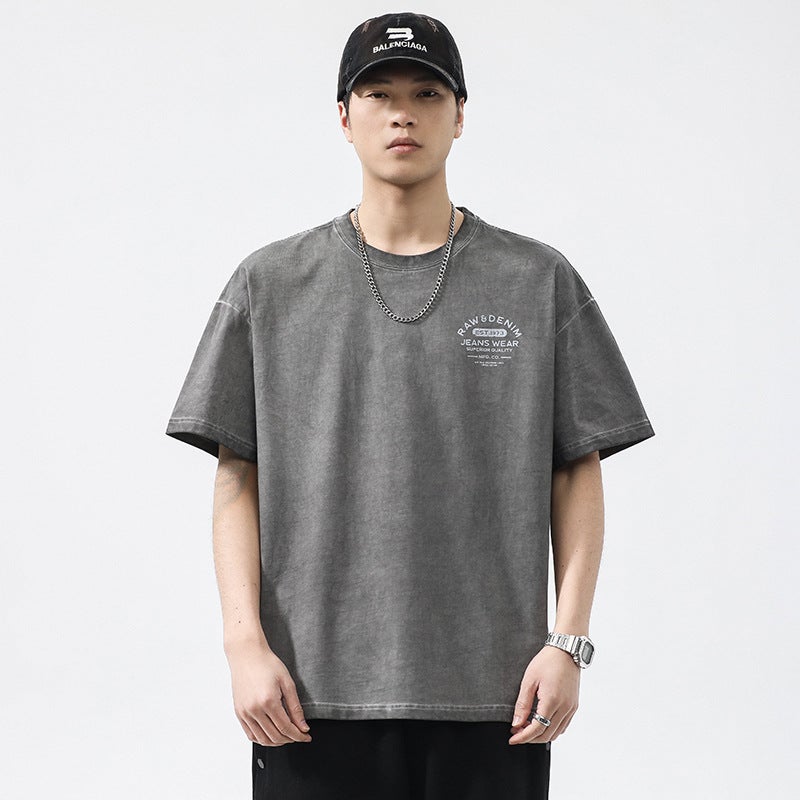T3721 | Plus size men''s summer new 280g heavy cotton round neck T-shirt men''s loose fried color distressed short sleeve - Image 3