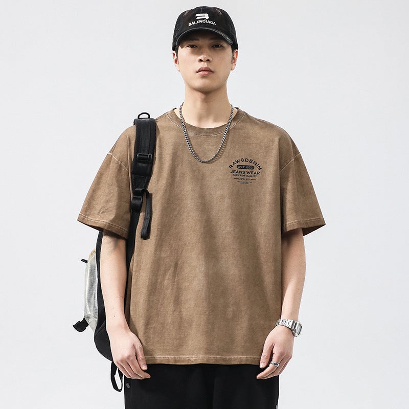 T3721 | Plus size men''s summer new 280g heavy cotton round neck T-shirt men''s loose fried color distressed short sleeve - Image 4