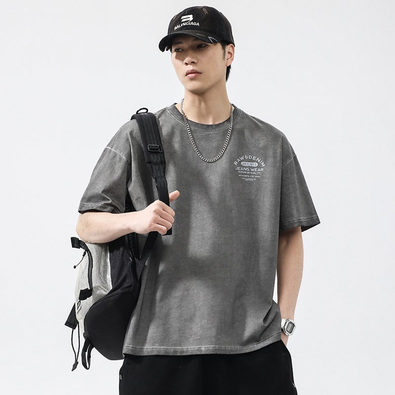 T3721 | Plus size men''s summer new 280g heavy cotton round neck T-shirt men''s loose fried color distressed short sleeve - Image 2