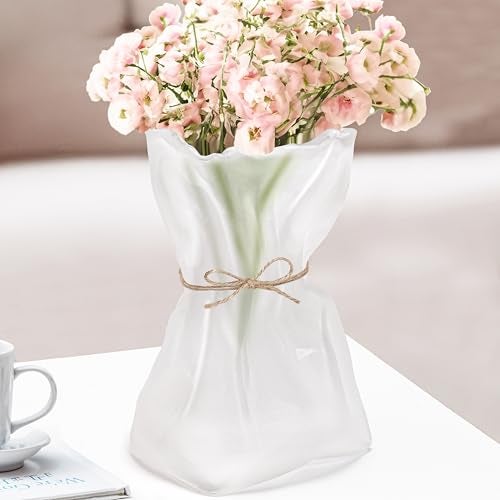ABOUT SPACE Flower Vase for Living Room - 9" Frosted Glass Flower Vase- Irregular Bag Shape Origami Design with Decorative Rope | Table Top Vase for Living Room, Dining Table & Home Decor - Image 1
