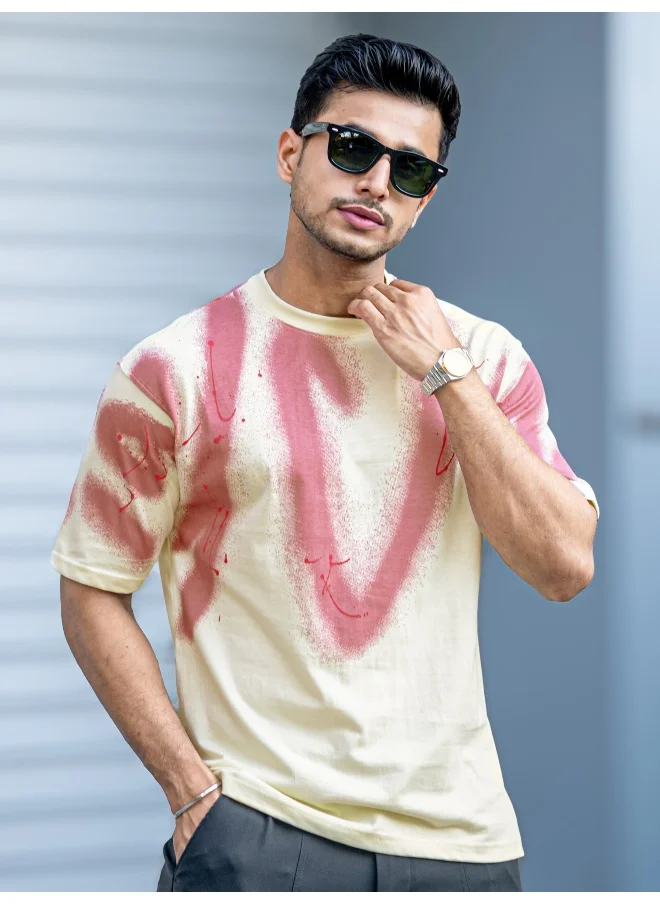 Maniac Maniac Mens Graffiti Spray Round Neck Half Sleeve Cream and Onion Cotton T-Shirt