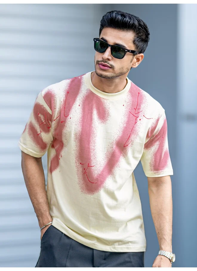 Maniac Maniac Mens Graffiti Spray Round Neck Half Sleeve Cream and Onion Cotton T-Shirt