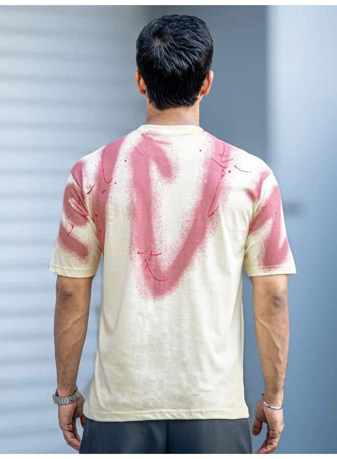 Maniac Maniac Mens Graffiti Spray Round Neck Half Sleeve Cream and Onion Cotton T-Shirt