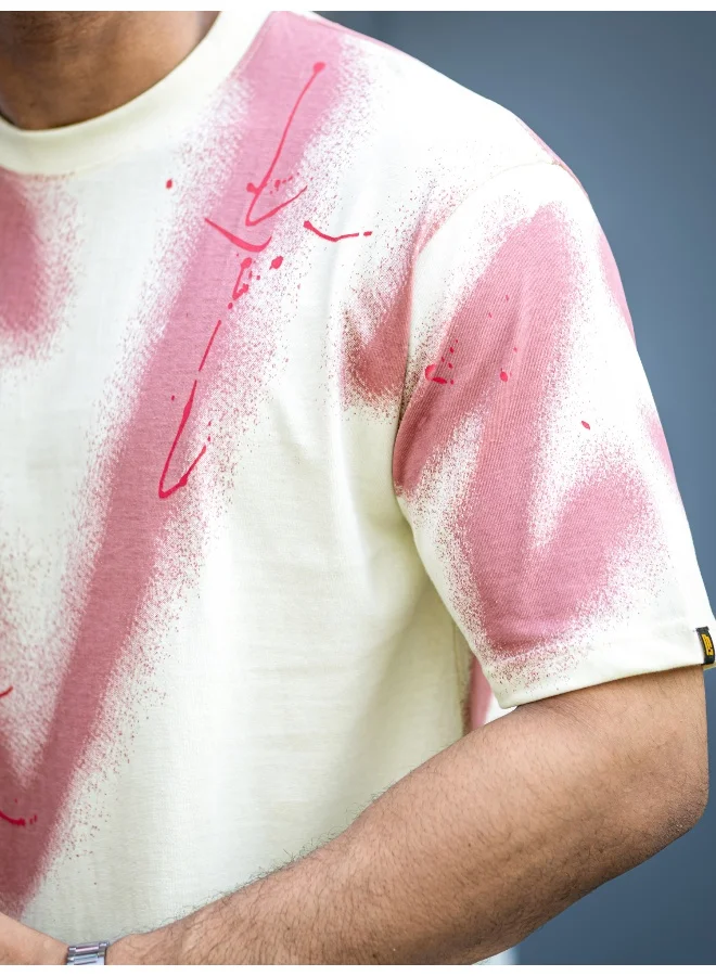 Maniac Maniac Mens Graffiti Spray Round Neck Half Sleeve Cream and Onion Cotton T-Shirt