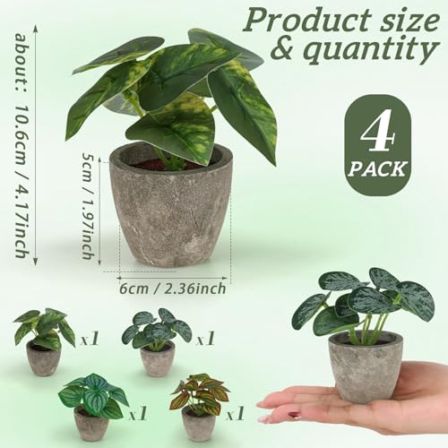 Woration 4Pcs Artificial Plants Potted Small Fake Tropical Faux Greenery Leaves Indoor for Office Desk Shelf Bathroom Home Decorations - Image 3