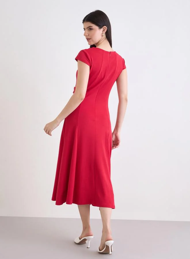 Styli red Women Red Plain Short Sleeves A-Line Midi Dress for Women | Best Price UAE