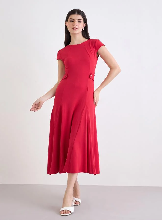 Styli red Women Red Plain Short Sleeves A-Line Midi Dress for Women | Best Price UAE