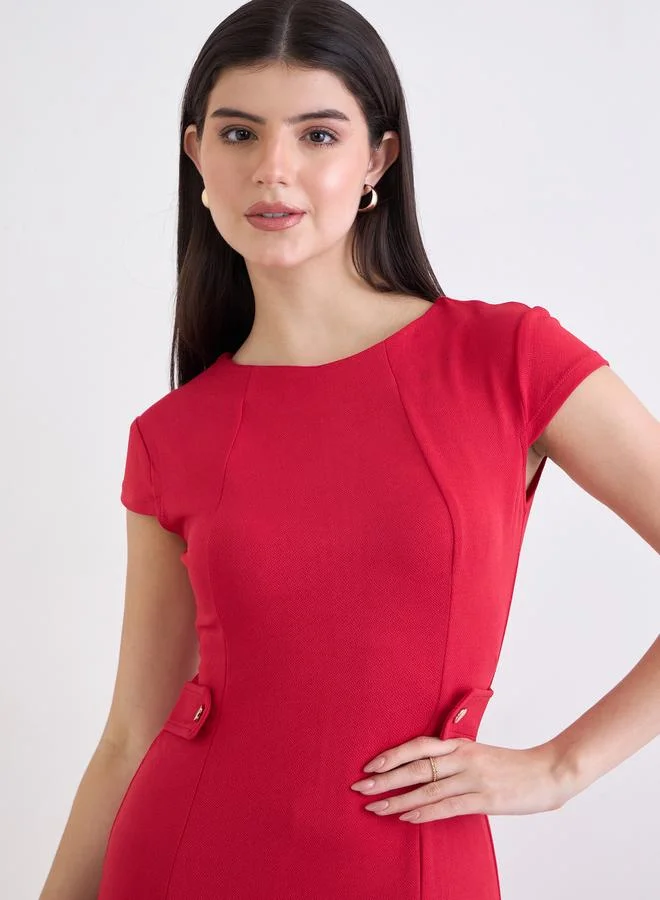 Styli red Women Red Plain Short Sleeves A-Line Midi Dress for Women | Best Price UAE