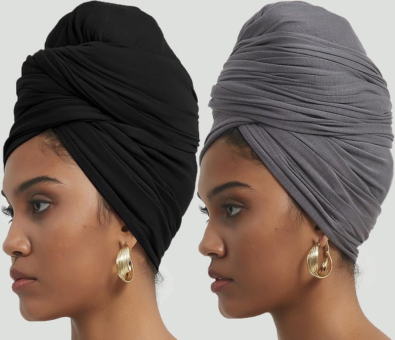 corciova Black Gray 2 Pcs Long Soft Head Wrap Turban Headband for Black Women Two Way Stretch Fashion African Head Covering Jersey Hijab Scarf - Image 3