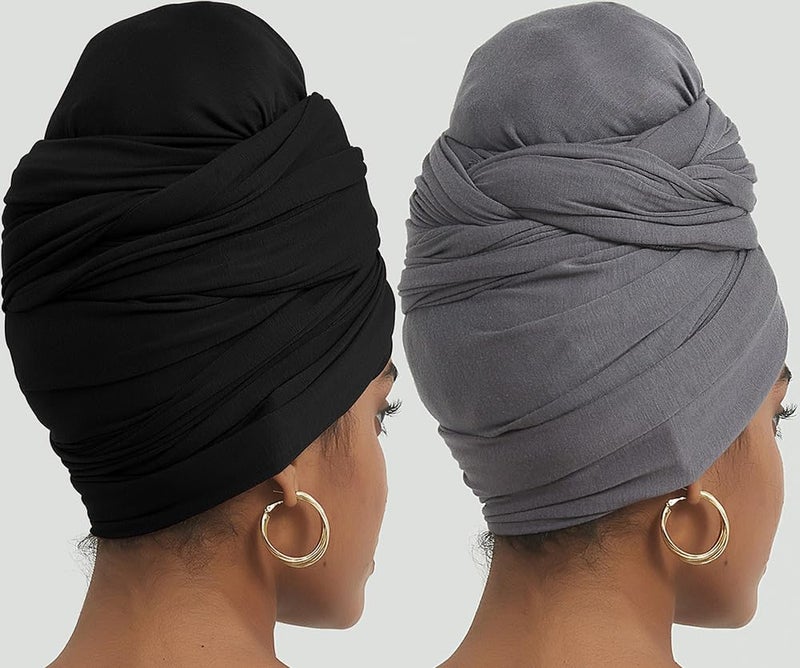 corciova Black Gray 2 Pcs Long Soft Head Wrap Turban Headband for Black Women Two Way Stretch Fashion African Head Covering Jersey Hijab Scarf - Image 5