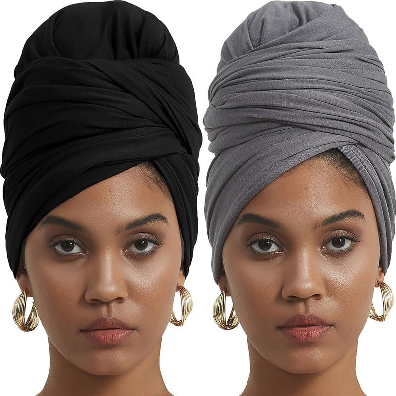 corciova Black Gray 2 Pcs Long Soft Head Wrap Turban Headband for Black Women Two Way Stretch Fashion African Head Covering Jersey Hijab Scarf - Image 1