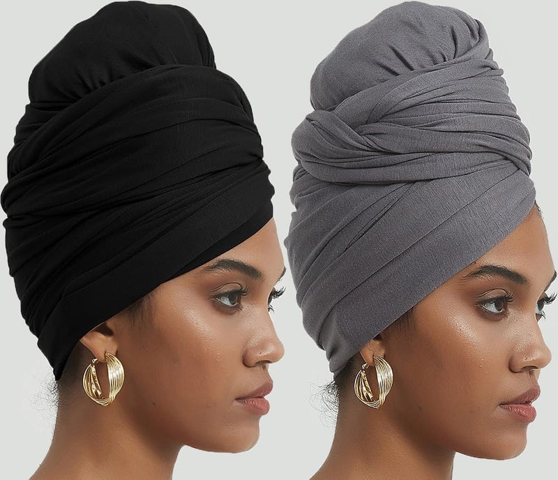 corciova Black Gray 2 Pcs Long Soft Head Wrap Turban Headband for Black Women Two Way Stretch Fashion African Head Covering Jersey Hijab Scarf - Image 2