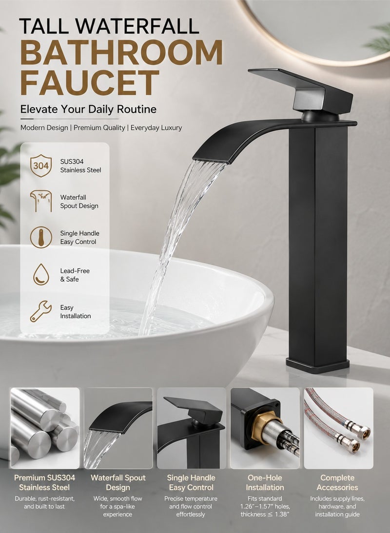 Bukela Waterfall Tall Bathroom Faucet 1 Hole Single Handle 304 Stainless Steel Vessel Sink Faucet with Cold&Hot  Water Supply Lines Modern Lavatory Mixer Tap, Matte Black - Image 1