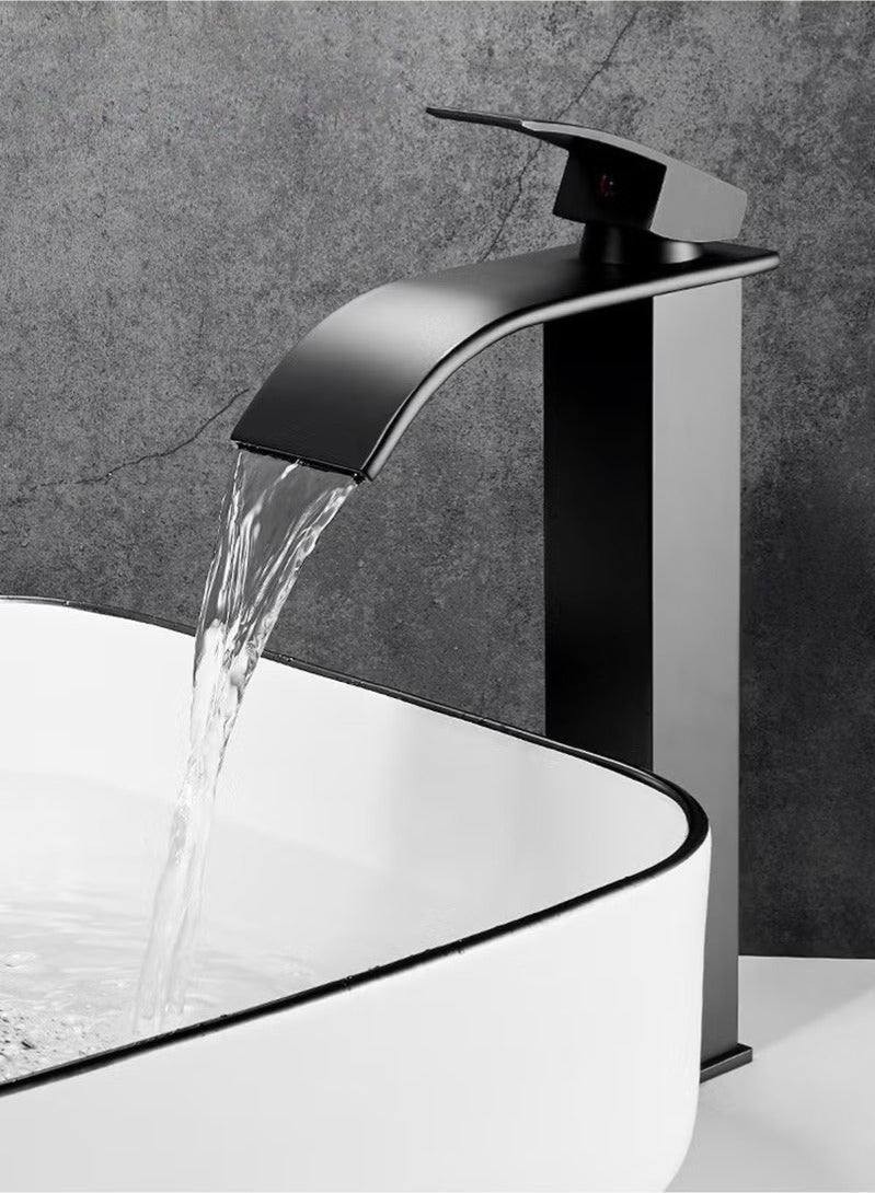 Bukela Waterfall Tall Bathroom Faucet 1 Hole Single Handle 304 Stainless Steel Vessel Sink Faucet with Cold&Hot  Water Supply Lines Modern Lavatory Mixer Tap, Matte Black - Image 3