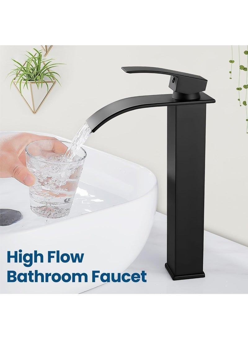 Bukela Waterfall Tall Bathroom Faucet 1 Hole Single Handle 304 Stainless Steel Vessel Sink Faucet with Cold&Hot  Water Supply Lines Modern Lavatory Mixer Tap, Matte Black - Image 4