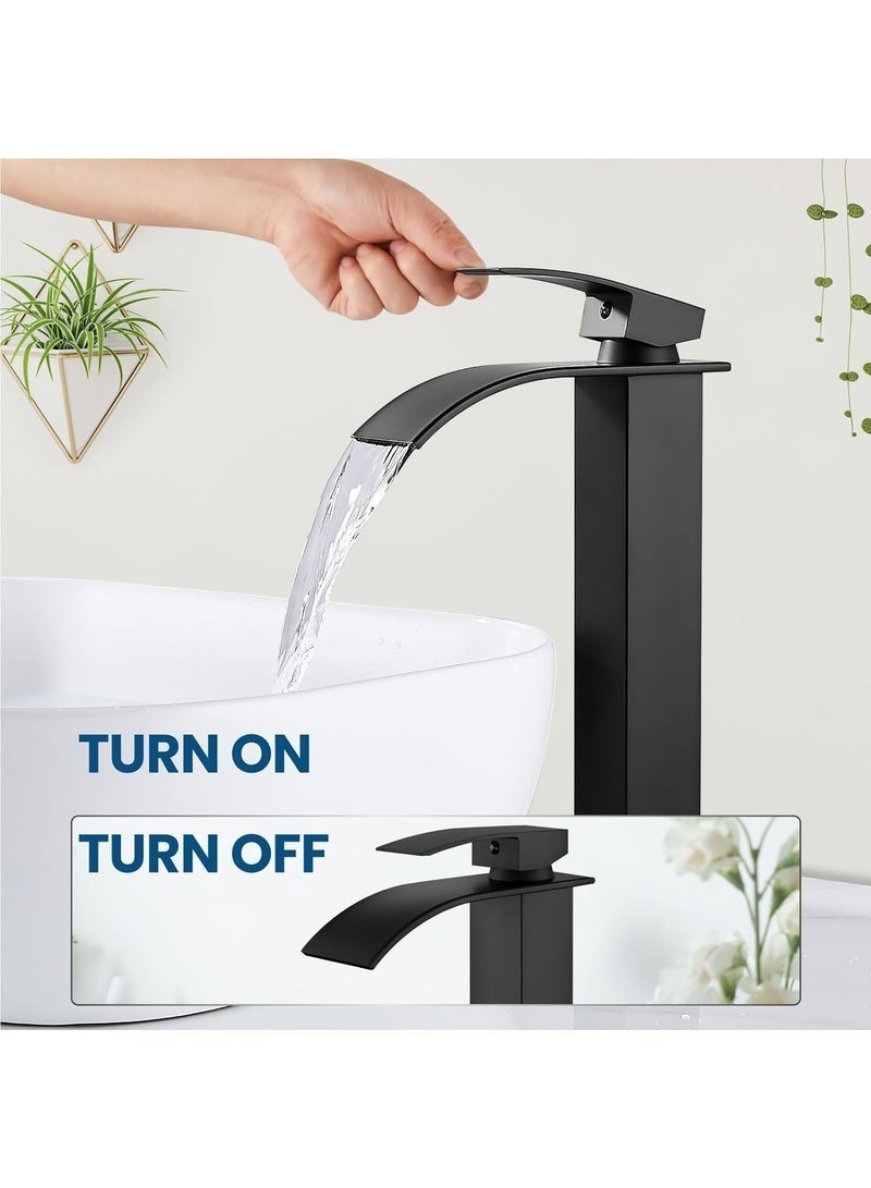 Bukela Waterfall Tall Bathroom Faucet 1 Hole Single Handle 304 Stainless Steel Vessel Sink Faucet with Cold&Hot  Water Supply Lines Modern Lavatory Mixer Tap, Matte Black - Image 5