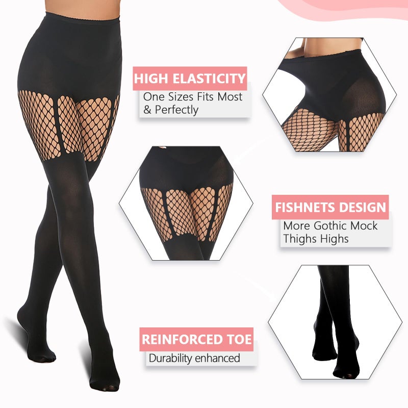 MANZI Faux Thigh High Tights Mock Suspender Pantyhose Striped Goth Fishnets Pack of 2 Suspender/Striped One Size - Image 3