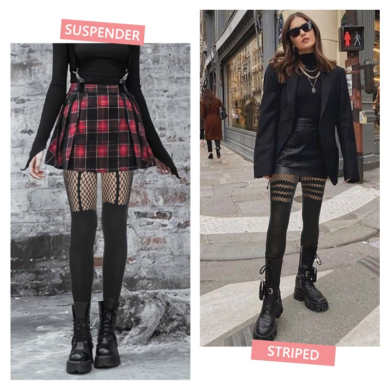 MANZI Faux Thigh High Tights Mock Suspender Pantyhose Striped Goth Fishnets Pack of 2 Suspender/Striped One Size - Image 2