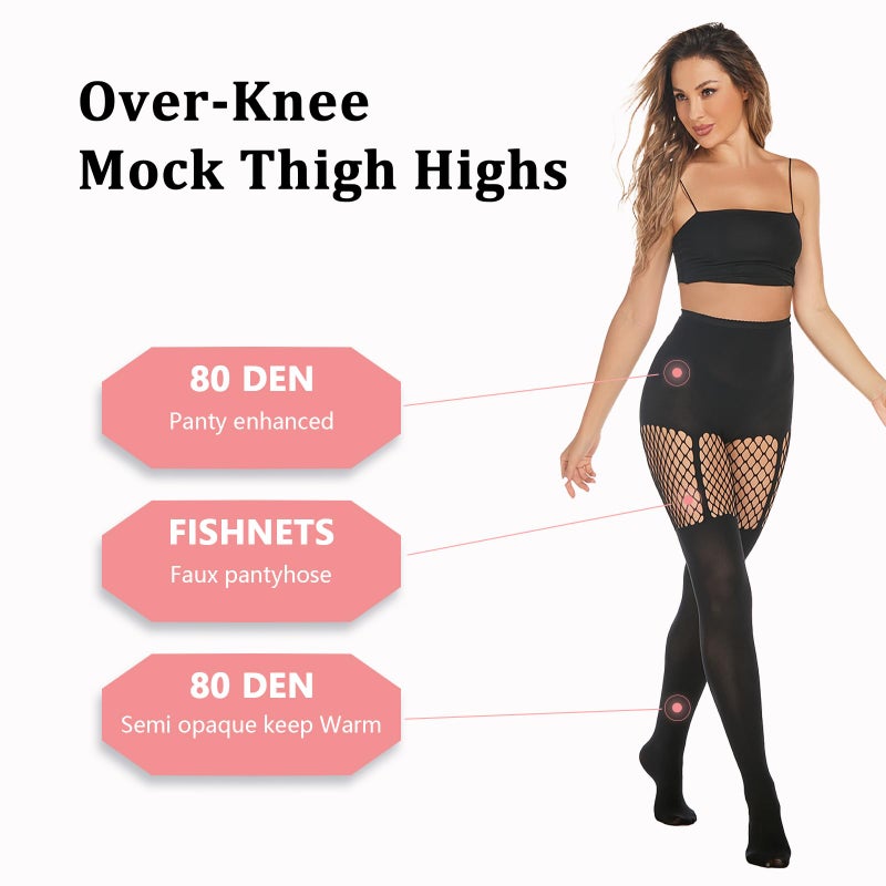 MANZI Faux Thigh High Tights Mock Suspender Pantyhose Striped Goth Fishnets Pack of 2 Suspender/Striped One Size - Image 4