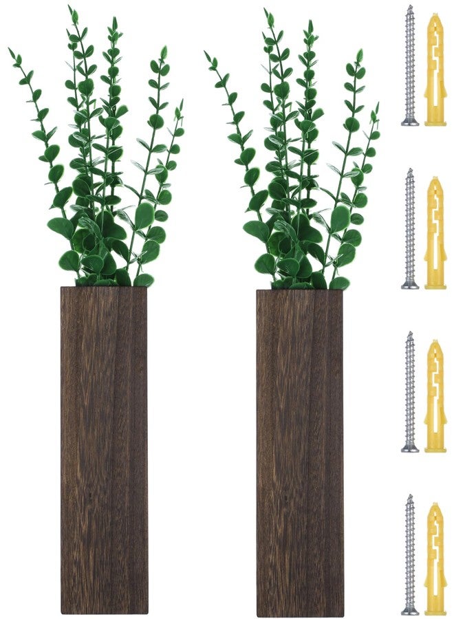 Lnrueg 2 Pcs Wood Wall Planters,1.4''x3.3''x9.3''Farmhouse Wall Plant Pocket Vases with Artificial Eucalyptus, Fake Plants Greenery Wall Hanging Decors for Living Room, Bathroom,Bedroom,Office Decoration - Image 1