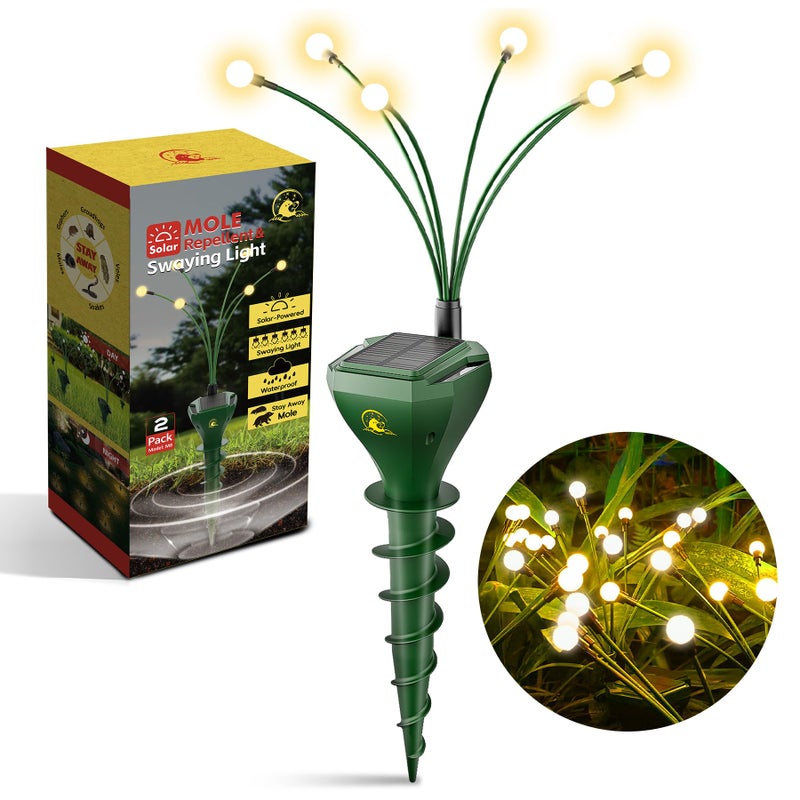 X-octenol 2 Pack Mole Repellent for Lawns Solar Powered Gopher Repeller Stakes for Outdoor with Swaying Light, Get Rid of Snake Vole Groundhog Vole Chipmunk Without Killer Trap, Waterproof Pet Safe - Image 1