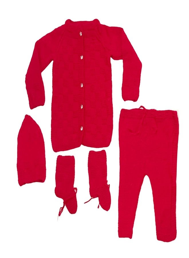 Cute Collection Woolen Sweater for New Born Baby Boy and Girls | Sweater with Pajami, Cap and Pair of Socks Combo | Warm Clothes 6 to 9 Months Baby Boys & Girls Red - Image 1