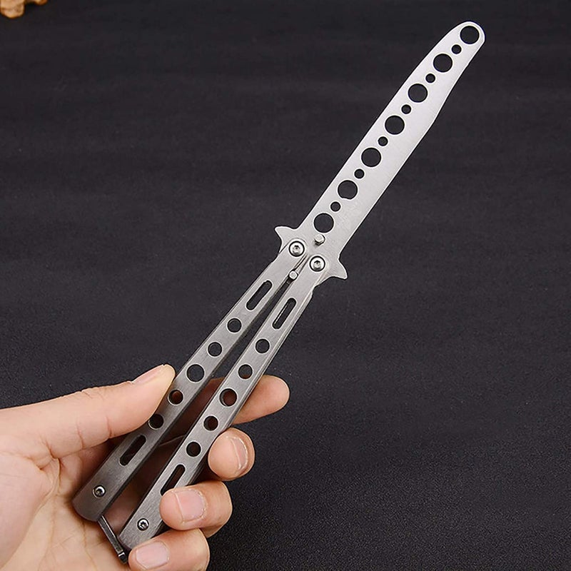 HEAVY DRIVER ® Butterfly Knives Trainer with O-Ring Latch for Beginner, Balisong Trainer with Unsharpened Blade for Practicing Flipping Tricks, Stainless Steel Pocket Knives Trainer Tool (Silver) - Image 2