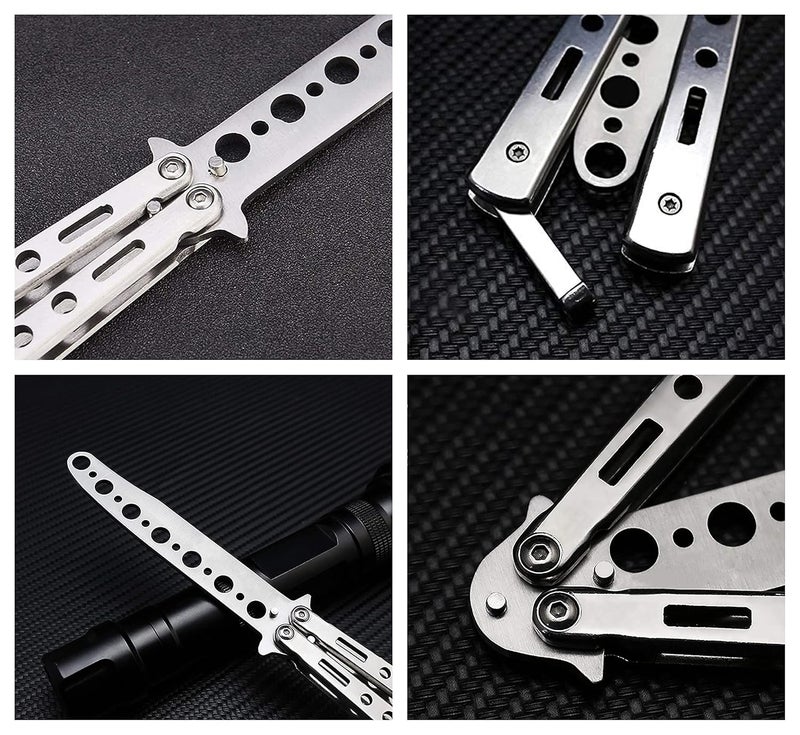 HEAVY DRIVER ® Butterfly Knives Trainer with O-Ring Latch for Beginner, Balisong Trainer with Unsharpened Blade for Practicing Flipping Tricks, Stainless Steel Pocket Knives Trainer Tool (Silver) - Image 5