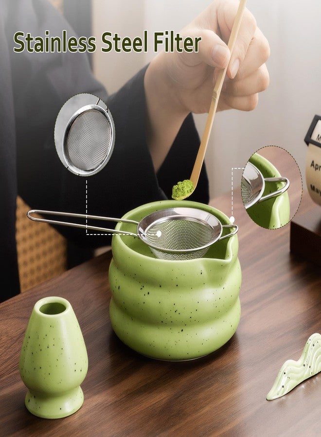cjc 7Pcs MATCHA SET, Matcha Whisk Set- Ceramic Matcha Bowl with Spout, Bamboo Whisk,Japanese Ceremony Christmas Gift for Matcha Lover, Used for Breakfast, Afternoon Tea, Green - Image 2