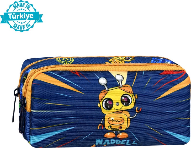 Niss Store Licensed Navy Blue-Yellow Robot Patterned 2 Pocket Pencil Case - Image 1