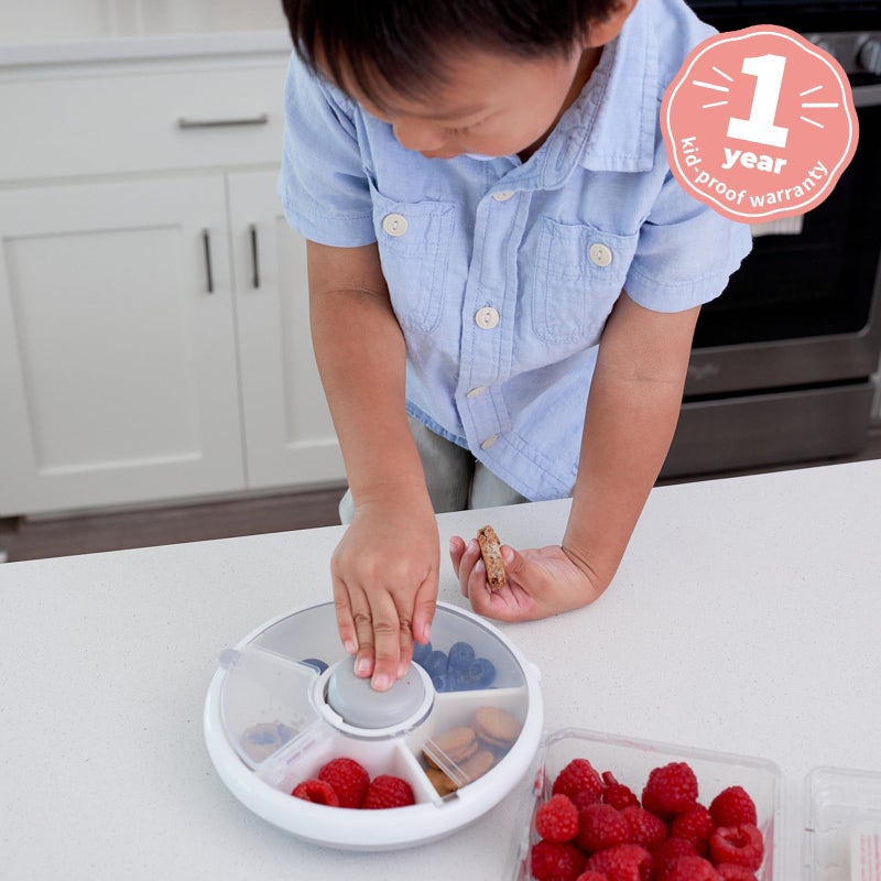 GoBe Kids Small Snack Spinner Flip Bundle with Hand Strap and Sticker Sheet - Reusable Snack Container with 5 Compartment Dispenser and Lid | BPA/PVC Free | Dishwasher Safe | No Spill - Coral Pink - Image 3