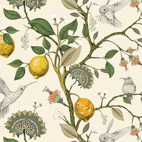 Livelynine Vintage Bird Lemon Tree Wallpaper Stick and Peel Boho Farmhouse Kitchen Waterproof Aesthetic Wall Paper Self Adhesive Neutral Cream Beige Hummingbird Yellow Lemon Contact Paper 175x788 - Image 1