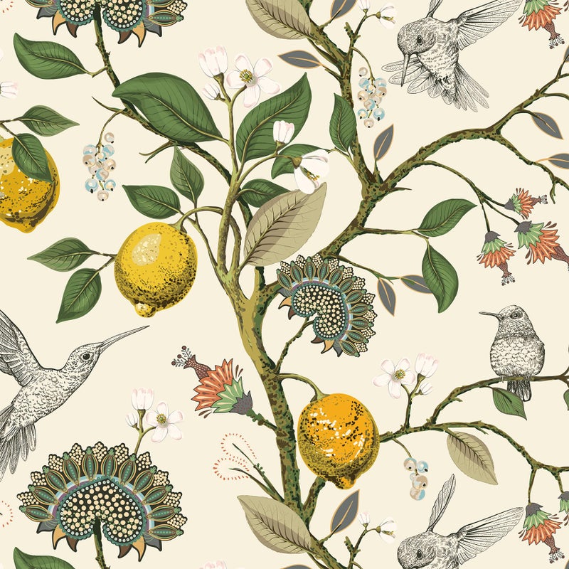 Livelynine Vintage Bird Lemon Tree Wallpaper Stick and Peel Boho Farmhouse Kitchen Waterproof Aesthetic Wall Paper Self Adhesive Neutral Cream Beige Hummingbird Yellow Lemon Contact Paper 175x788 - Image 2