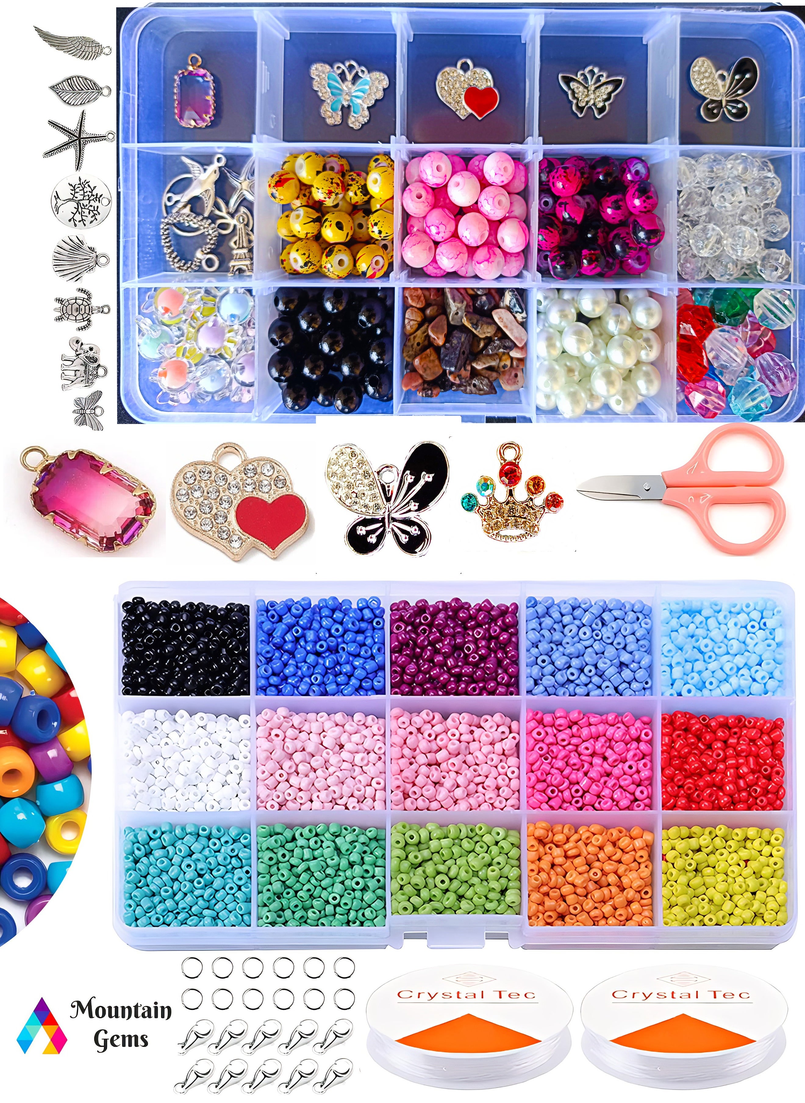 Mountain Gems Plus craft beads Assorted Kit with Organizer Box and Gemstone and Crystals for DIY Jewelry Making 