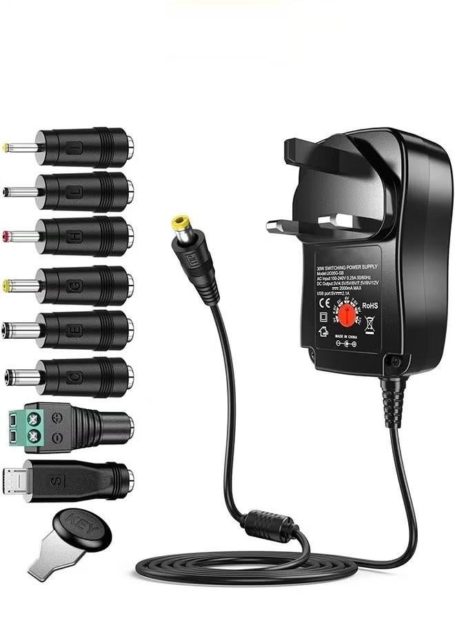 Universal 30W 3V 4.5V 5V 6V 7.5V 9V 12V AC/DC Adapter Switching Power Supply Charger PSU with 8 Selectable Adaptor Tips for 3V-12V Household Electronics and LED Strip - 2000mA Max - Image 1