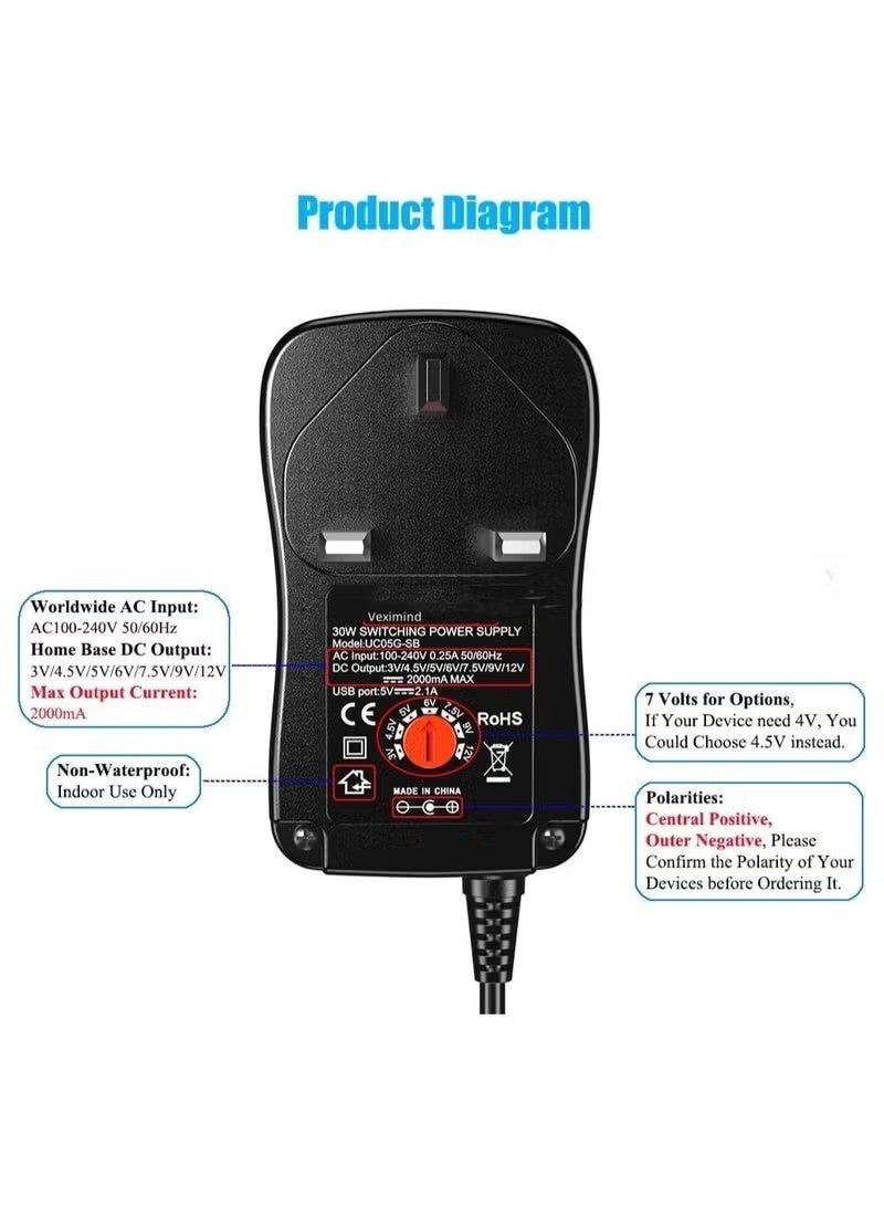 Universal 30W 3V 4.5V 5V 6V 7.5V 9V 12V AC/DC Adapter Switching Power Supply Charger PSU with 8 Selectable Adaptor Tips for 3V-12V Household Electronics and LED Strip - 2000mA Max - Image 3