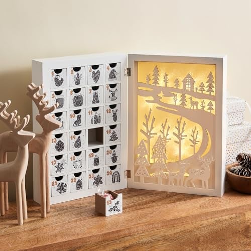 LampLust Wooden Advent Calendar with Drawers 12 Inch Reusable Advent Calendar with Lights White Wood Battery Operated Empty Boxes to Fill Decorative Fold Out Wood Calendar for Kids