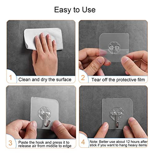 Adove Adhesive Hooks for Hanging, Heavy Duty Wall Hooks 20 Pack, Removable Sticky Ceiling Hooks, Transparent Self Adhesive Shower Hooks, Water & Oil Proof Strong 22lb(Max) Door Coat Hooks - Image 4